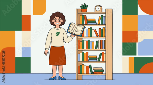 Smiling Woman Reading, Bookshelf Holding Open Book, Stacked Books, Education, Learning, Copyright, Flat Design, Vibrant Earth Tones, Vector Illustration Graphic