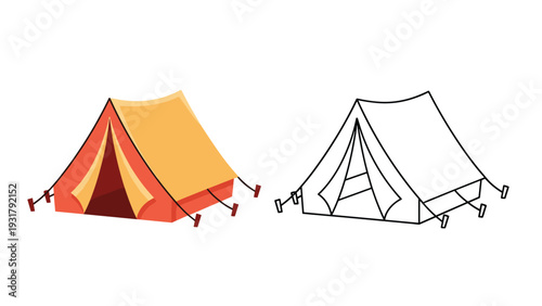Classic camping tent in warm colors, shown alongside its black and white outline, representing outdoor adventure, travel, and nature exploration for children.