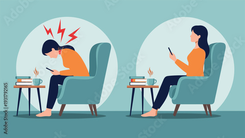 Comparative illustration showing proper and poor posture while using a mobile phone, emphasizing the importance of ergonomics and spinal health for well-being.