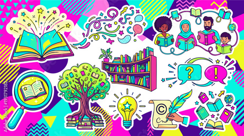 Diverse readers, books, and intellectual property symbols illustrating education, knowledge, and copyright protection in a vibrant flat cartoon vector illustration.