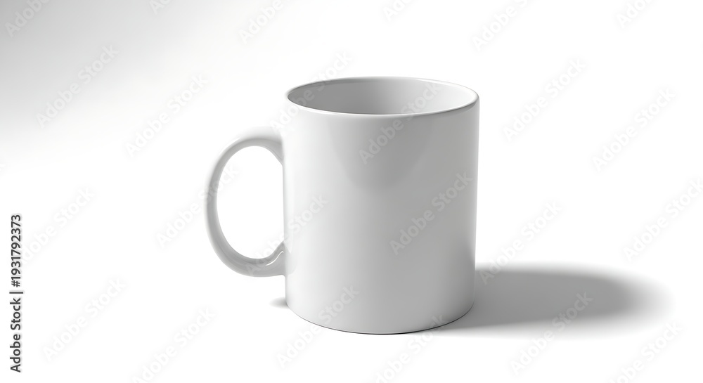 Fototapeta premium Blank white coffee mug with handle positioned on the left side and subtle shadow on white background