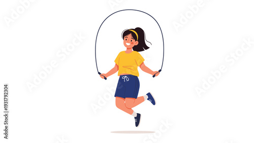 Energetic young girl with a bright smile, happily jumping rope, symbolizing an active lifestyle, childhood fun, and healthy physical exercise.