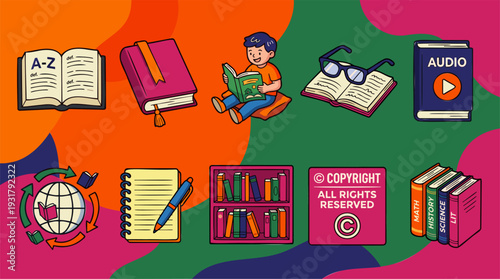 Book and Copyright Icon Set with diverse reading, learning, and intellectual property elements for education and publishing, presented in a vibrant hand-drawn cartoon vector illustration
