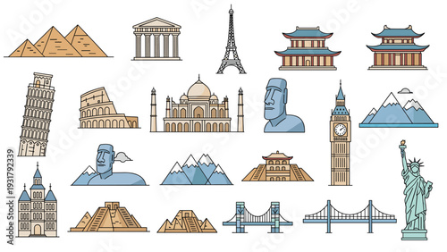Diverse collection of world-famous landmarks and architectural wonders, including pyramids, the Eiffel Tower, and the Statue of Liberty, representing global travel and history.