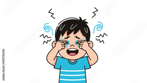 Upset little boy with tears streaming down his face, rubbing his eyes, showing distress and frustration, perhaps after a sad event or an injury.