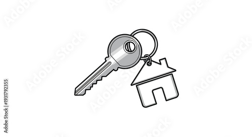 A simple illustration of a key attached to a house shaped charm