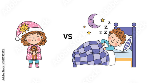 Comparative illustration showing a cheerful girl awake in pajamas holding a teddy bear versus a boy peacefully sleeping in bed under a moon and stars.