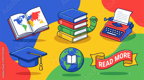 Books, Writing, Education Tools: World map book, bookworm, typewriter, cap, globe, 'Read More'. Knowledge, learning, publishing, copyright. Vibrant flat vector illustration set.