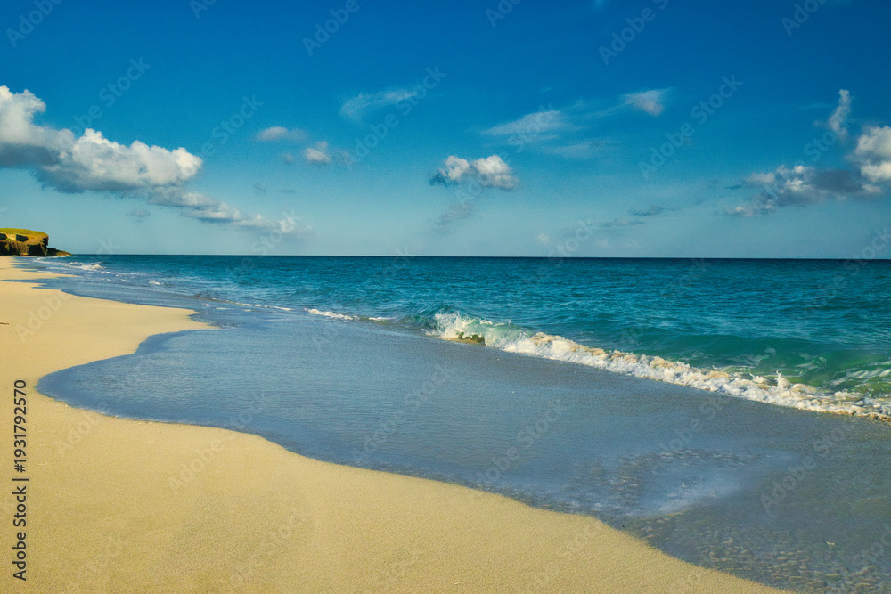 Fototapeta premium Varadero, Cuba; 04.07.2023. Beautiful, colourful sunset on the beach in Varadero, Cuba! Cote d'Azur of the Atlantic Ocean, next to the Caribbean Sea. Cuba wild palm beach background. Nature blue sea l