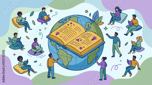 Diverse readers globally learning around open book on globe, global education & copyright, flat outline vector art, soft colors, digital illustration