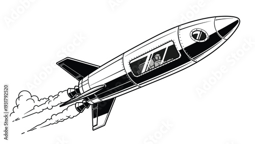 Dynamic black and white line art illustration of a vintage-style rocket soaring into space with an astronaut inside, emitting smoke and flames.