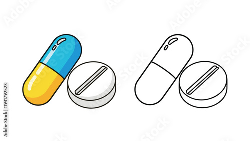 Medical illustration showcasing a blue and yellow capsule next to a white pill, presented in both full color and black and white line art for clarity.