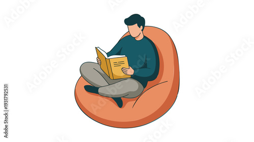 Man sitting cross-legged, engrossed in reading an open book on a bean bag chair, representing education, literature, and copyright in a modern flat outline vector illustration with warm tones.