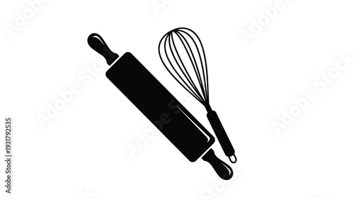 Classic kitchen tools, a rolling pin and a whisk, presented as a stark black silhouette, ideal for baking, cooking, or culinary design elements.