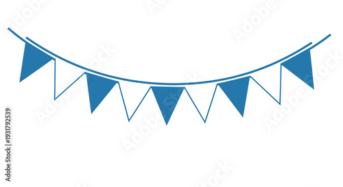 A string of blue pennant flags displayed on a white background
