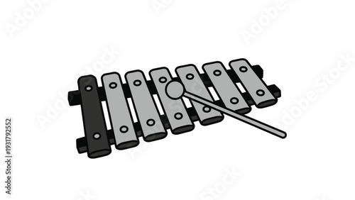 Musical instrument, a xylophone with its mallet, rendered in grayscale, representing rhythm and early childhood music education.