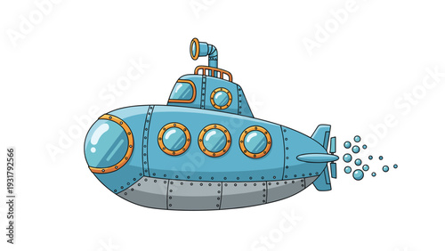 Whimsical and cheerful cartoon submarine in bright blue, featuring portholes and bubbles, suggesting underwater adventure and exploration for children.