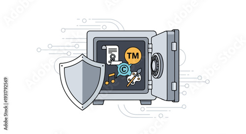 Illustration of an open safe with a shield, displaying intellectual property and world protection symbols on a clean white background.
