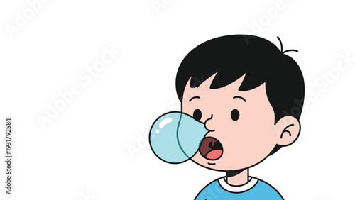 Playful young boy with an open mouth, blowing a large, light blue bubble gum bubble, capturing a moment of innocent childhood fun and enjoyment.