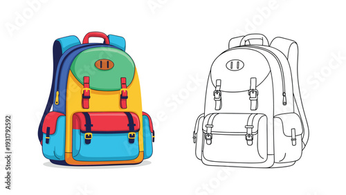 Vibrant and multi-colored school backpack with multiple pockets and buckles, presented in both full color and black and white line art.