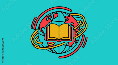 Open Book and Globe Symbol with Swirling Lines, representing Global Education, Literacy & Copyright. Vibrant Flat Design Vector Illustration on Turquoise Background.