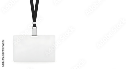 Modern blank white identification badge attached to a black lanyard with a silver clasp on white background