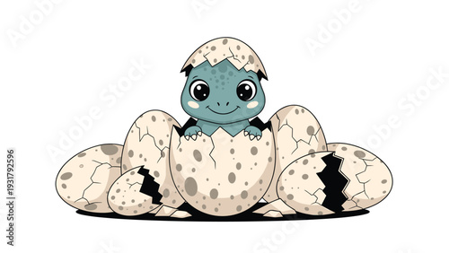 Adorable baby dinosaur hatching from a cracked egg, surrounded by other broken dinosaur eggs, depicting new life and prehistoric charm.