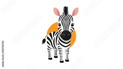 Adorable baby zebra with striking black and white stripes, a friendly expression, and a playful orange circle background, perfect for children's animal themes.