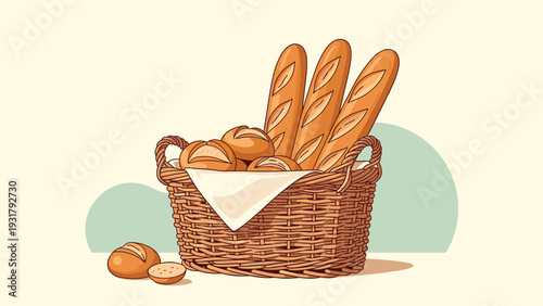 Abundant assortment of freshly baked bread, including baguettes and rolls, artfully arranged in a rustic wicker basket, evoking warmth and comfort.