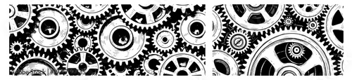 Two horizontal seamless patterns featuring detailed hand drawn mechanical gears and cogs