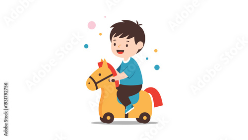 Cheerful young boy happily riding a bright yellow toy horse on wheels, surrounded by colorful abstract dots, depicting joyous childhood playtime.