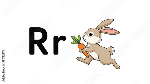 Engaging alphabet learning image featuring the uppercase and lowercase letter Rr alongside a running cartoon rabbit holding a carrot.
