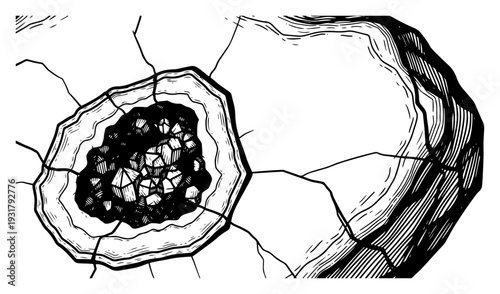 Detailed scientific illustration of a broken geode rock with internal crystal clusters