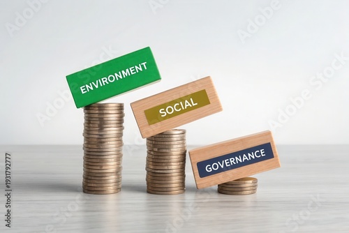 ESG concept with coins and wooden blocks environment