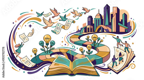 Open Book, People & Idea Lightbulbs on Path, Birds Flying Scrolls representing Creativity, Knowledge, Copyright in Modern Flat Design Muted Vector Outline Art.