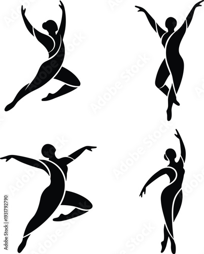 Dance silhouette illustration, graceful movement, artistic performance, leaping dancer, expressive pose, elegant choreography, fluid motion, performing arts concept, dynamic figure vector art