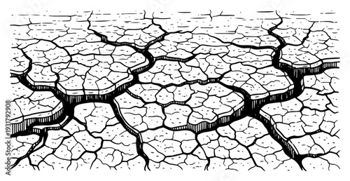 Detailed hand drawn sketch of cracked dry desert ground showing drought and parched soil
