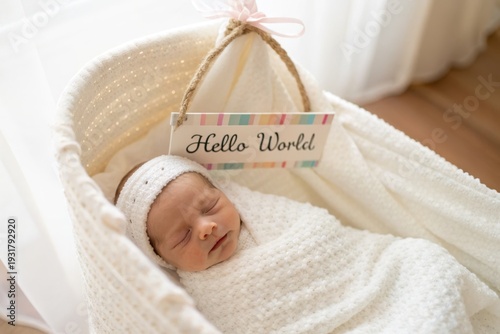 Newborn Baby Sleeping in Moses Basket with Hello World Sign