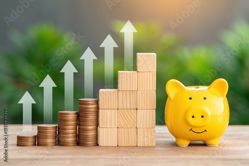 Piggy bank and growing graph with coins and blocks