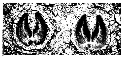 Vintage engraving of animal hoof prints in the dirt or mud ground texture