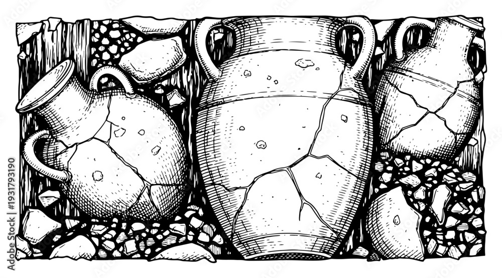 Εκτύπωση καμβά Set of ancient broken clay amphorae and pottery jugs in hand drawn engraving sty