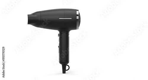 Modern black hair dryer with sleek design and silver accents standing upright on white background