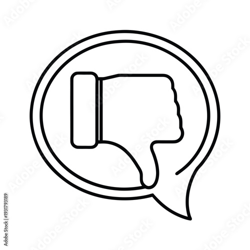 Speech bubble with thumbs down icon, negative feedback and disapproval concept line art