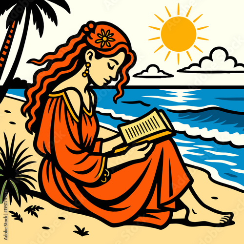 Beach reading woman in flowing dress under sun beside waves and pine silhouettes