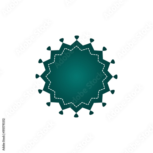 Green geometric sunburst label with decorative edges and stitch effect