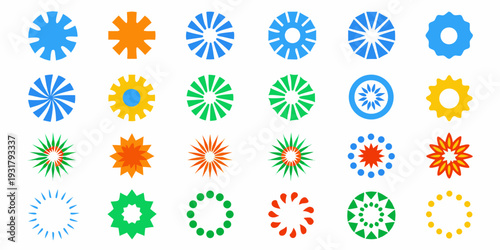 Collection of vibrant circular starburst and gear like graphic elements