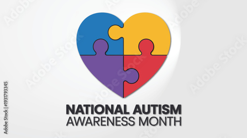 National Autism Awareness Month Graphic with Multi-Colored Puzzle Piece Heart Shape for Medical Educational and Charitable Promotions