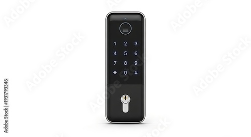 Modern digital door lock with keypad and biometric scanner on sleek black design with silver accents on white background