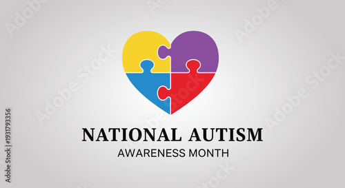 National Autism Awareness Month Graphic with Multi-Colored Puzzle Piece Heart Shape for Medical Educational and Charitable Promotions