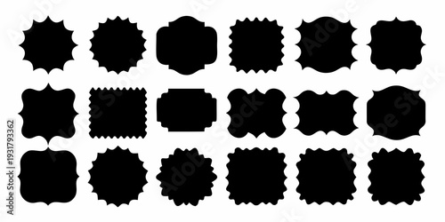 Collection of various black starburst and decorative label shapes